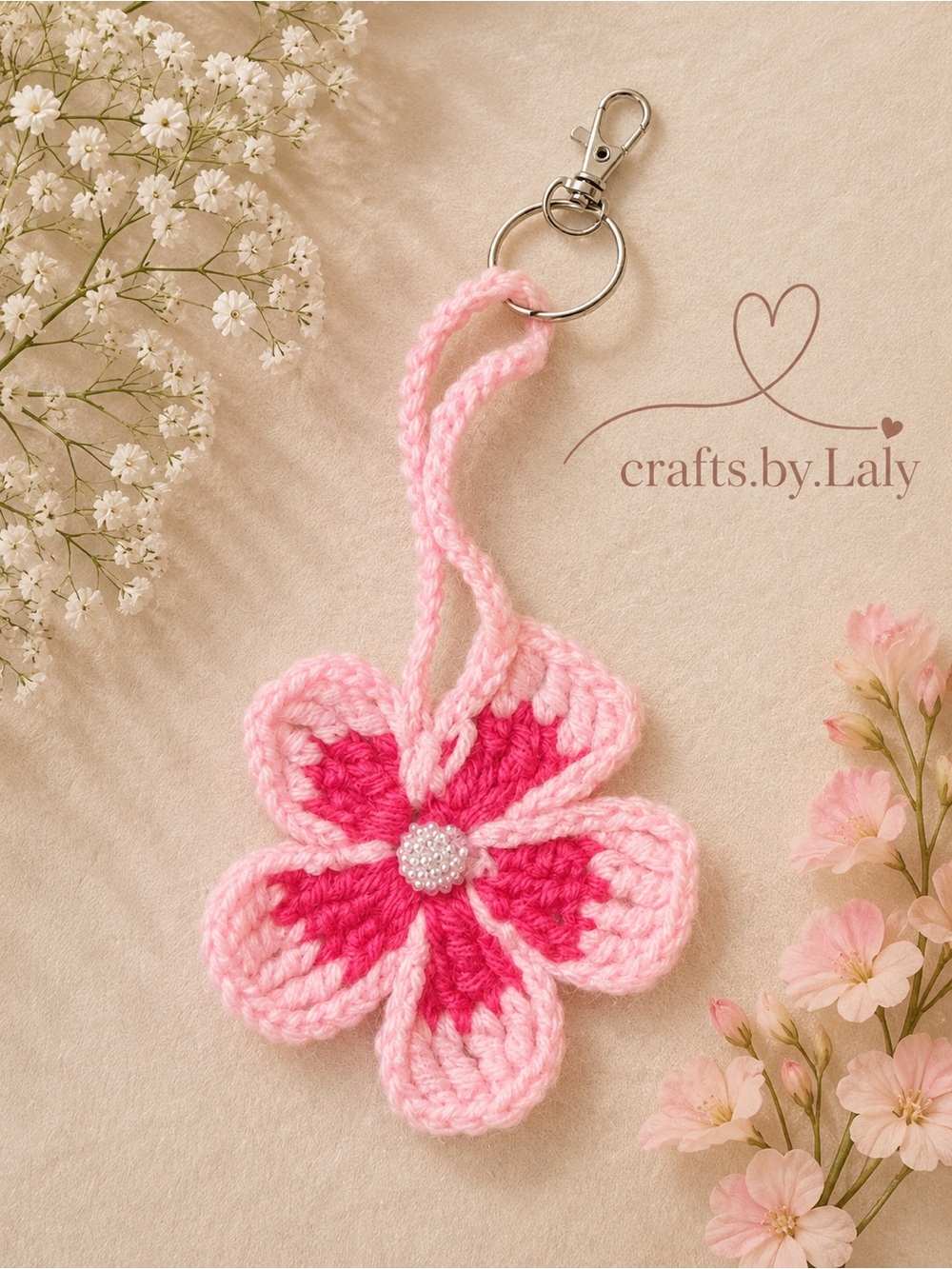 Handmade Pink Flower Crochet Keychain - Two-Tone Pink